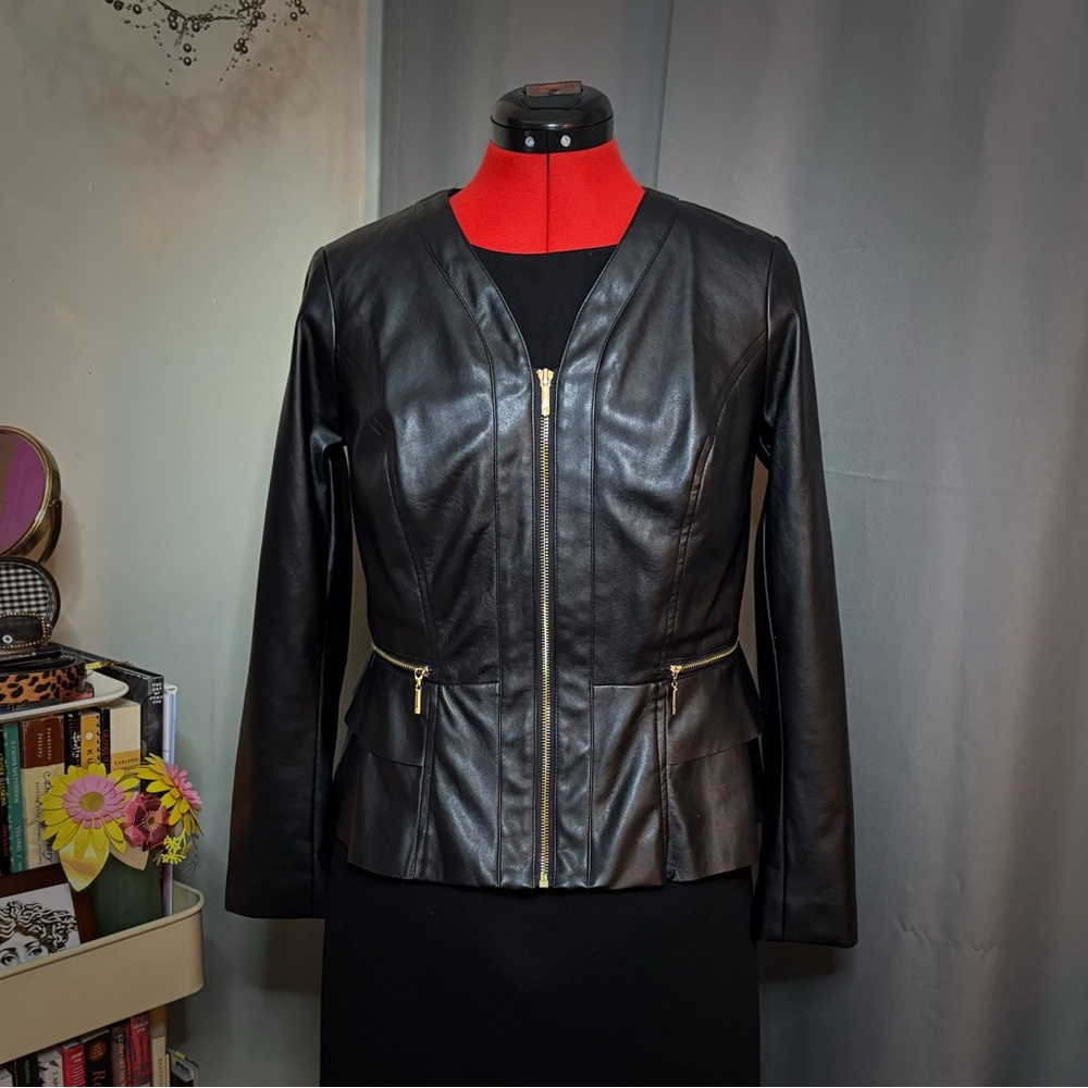 Thalia Sodi Black Faux Leather Peplum Jacket with Gold Zippers